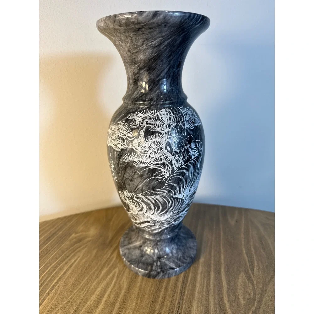 Vintage Hand Carved Marble Vase Home Decor 12.5in Grey Etched Tiger Pine Tree
